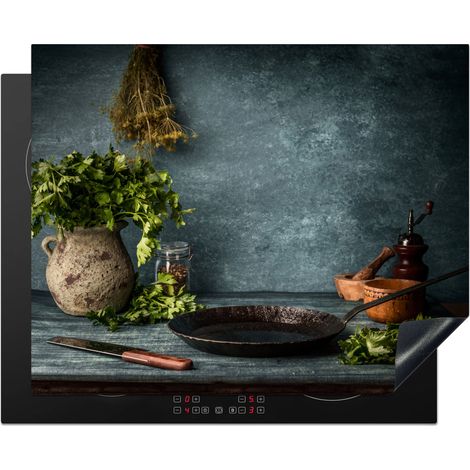 Induction Hob Protector Herbs - Spices - Pan - Knife - Gray - Rustic 65x52 cm
