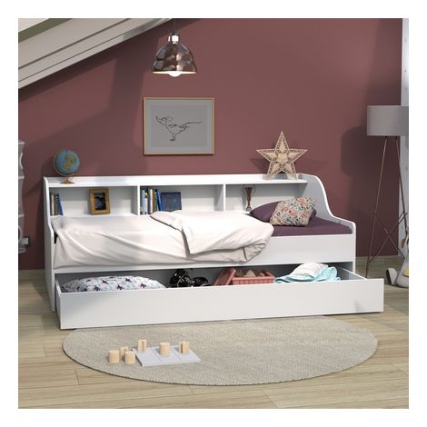 Le Quai Des Affaires – Lit gigogne PALMA 90x190 – Étagère avec 3 niches – Tiroir-lit sur roulettes – Structure en panneau de particules – Finition blanche
