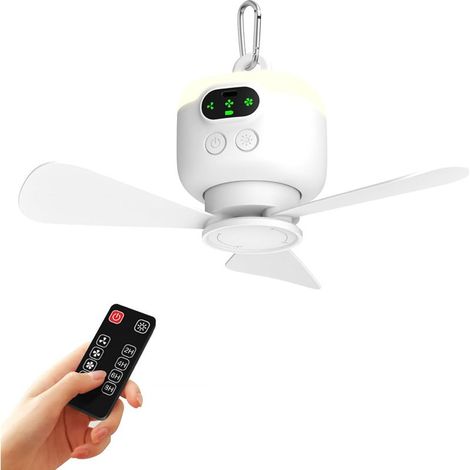 Ventilateur de tente portable pour camping, alimenté par batterie 8000 mAh, rechargeable, 3 pales amovibles, crochet de suspension, minuterie, 4 vitesses, pour tonnelle, véranda, plage (1/5)