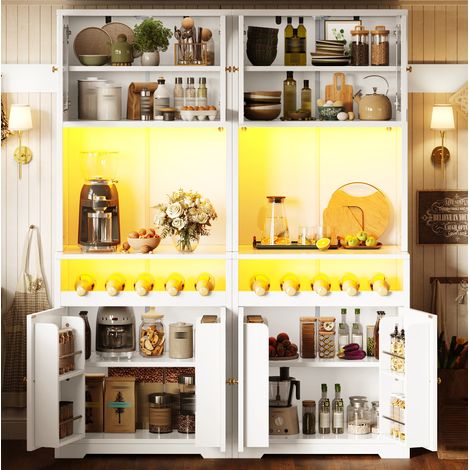 2er-Set hohe weiße Buffetschränke 180 cm mit RGB-LED, Glas, Flaschenregal und Kippschutz (1/5)