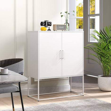 Metall-Sideboard, 3-Regal-Lagerschrank, Freistehender Stahlschrank, Magnettüren, H109 x B85 x T40 cm, Weiß