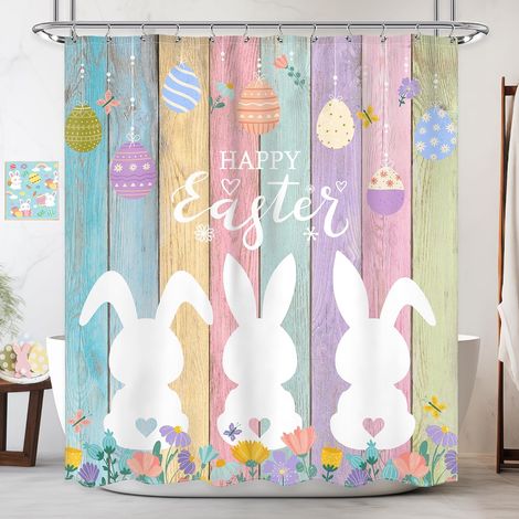 Rideau de douche Happy Easter 60Lx72H Pouces Lapin mignon et drôle Oeufs de Pâques Ferme Dessin animé Coloré Motif de planche de bois et fleur Printemps Ensemble de salle de bain pour enfants (1/5)