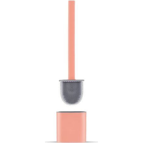 Brosse WC Silicone Plate- Brosse Toilette et Supports, Anti-goutte, Antibactérienne, Balayette WC Ventilée, Séchage Rapide sans Odeur, Balai WC Montage Mural/au Sol, Salle de Bain et WC, Rose (1/5)
