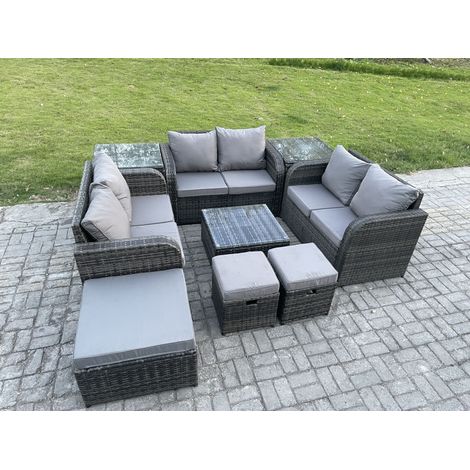 Fimous 9 Seater Outdoor Garden Furniture Sets Wicker Rattan Furniture Sofa Sets with Square Coffee Table Love seat Sofa 3 Footstools 2 Side Tables