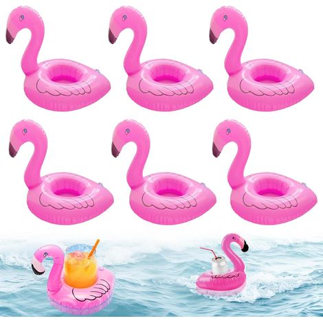 Lot de 6 porte-gobelets gonflables flottants, jolis dessous de verre flottants en forme de flamant rose, durables/robustes, peut contenir des tasses/canettes/bouteilles d'eau, pour la piscine, les (1/5)