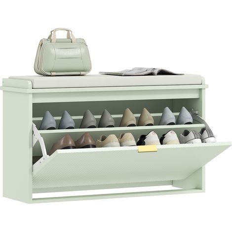 HOMCOM banco zapatero estrecho, banco recibidor con asiento acolchado, cajón abatible y estante ajustable, para 8 pares, 80x26x47,5 cm, verde claro