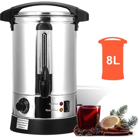 TolleTour Distributeur de Boisson Chaudes 1500W Chaudière à eau 8L à Vin Chaud en Inox Thé Café Soupe Dispositif de réchauffement Thermostat Réglage de la température 30-110°C,argent (1/5)