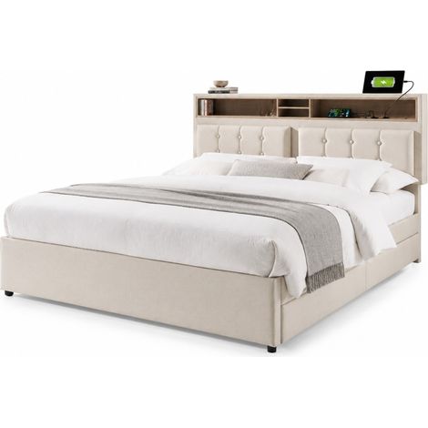 CHICFURN lit double rembourré avec tiroirs tête de lit réglable prises intégrées modèle 041920AAB 140 200 beige (1/5)