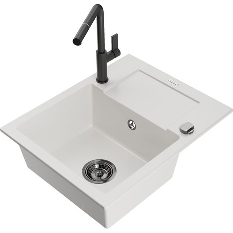 Mexen Enzo lavello da cucina in granito a 1 vasca con gocciolatoio e miscelatore Flora, bianco - 6506-20-670401-70-B (1/5)
