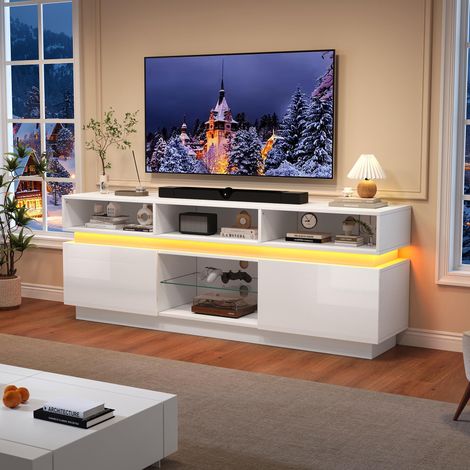 Meuble TV 160 x 35 x 60 cm pour salon, support TV plat avec étagère en verre trempé. Meuble bas laqué brillant, éclairage LED intégré, MDF, compatible avec les téléviseurs jusqu'à 60 pouces, blanc.
