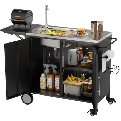 Grilltisch mit Spüle 128,6x46x90 cm, Grilltisch aus Metall mit klappbarer Arbeitsplatte, Stauschrank und Rädern, Outdoor Kücheninsel für Garten