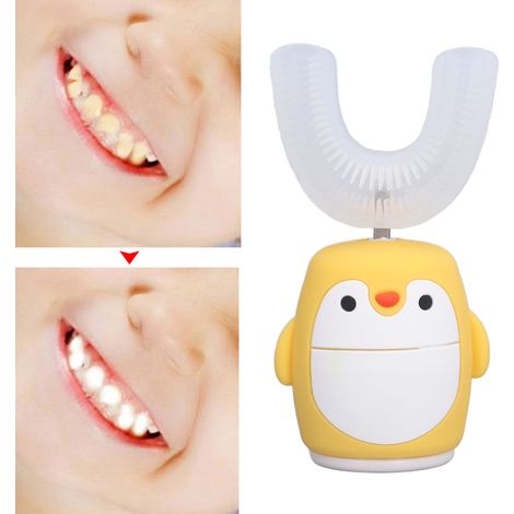 Brosse à dents électrique buccale en forme de U, motif pingouin jaune, brosse à dents pour enfants, brosse à dents rechargeable à poils souples pour enfants (1/5)