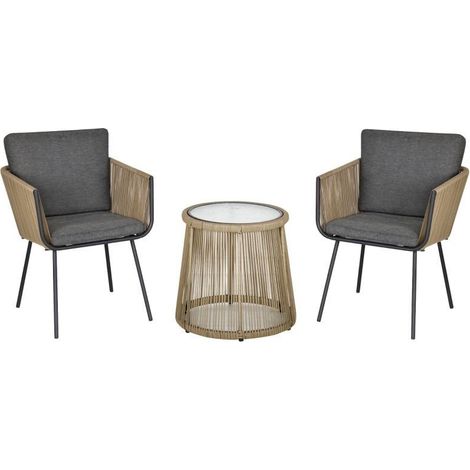 Ensemble repas 3 pièces : 2 chaises + table d'appoint avec coussins d'assise et dossier, plateau verre trempé, résine tressée, couleur gris (1/5)