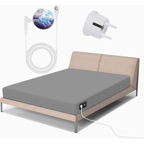 Tapis De Mise à La Terre 10% Fil d'argent à 90% Coton Câble EU Drap De Lit De Mise à La Terre pour Sommeil Récupération De l'Énergie Grounding Fitted Sheet Gris 90x190x35 cm (1/5)