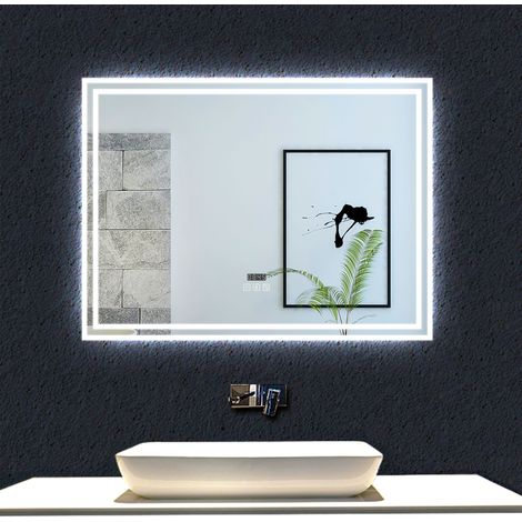 Ocean 80x60cm Miroir de salle de bain LED, avec Bluetooth et affichage de l'heure, trois couleurs, anti-buée, tactile, rectangulaire (1/5)