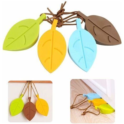 QORVA-4 Pièces Arrêts Cale de Porte, Décorative en Silicone en Forme Feuille Silicone Porte Stopper avec Lanière pour Jardin de Bureau à Domicile (jaune vert bleu marron, 9.5x5cm) (1/5)