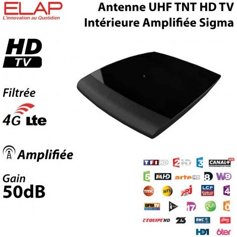 Antenne UHF TNT HD - Elap - Sigma - Amplifiée 50 dB - Design Discret - Cordon TV Inclus (1/3)