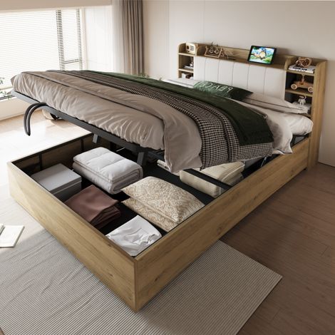 Letto idraulico con contenitore in MDF effetto legno, 180x200 cm, con testiera contenitore e porte USB/USB-C