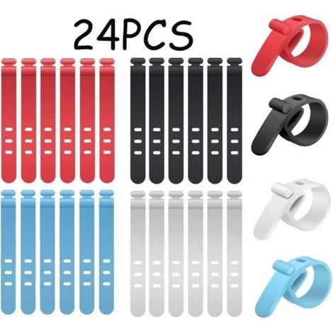 (Black, White, Red, Blue) Cable Ties - Unspecified - Silicone Cable Clips - 24 Pieces - Assorted Colors - Reusable (1/4)