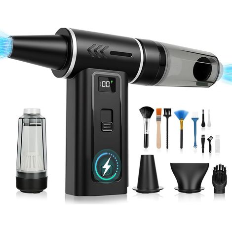 Souffleur Air Comprimé 2-en-1 Dépoussiérant Électrique & Aspirateur 180000 TR/Min, Batterie 8000mAh, 100 Vitesses, Écran Digital, Nettoyage PC, Clavier et Voiture, USB-C (Noir) (1/5)