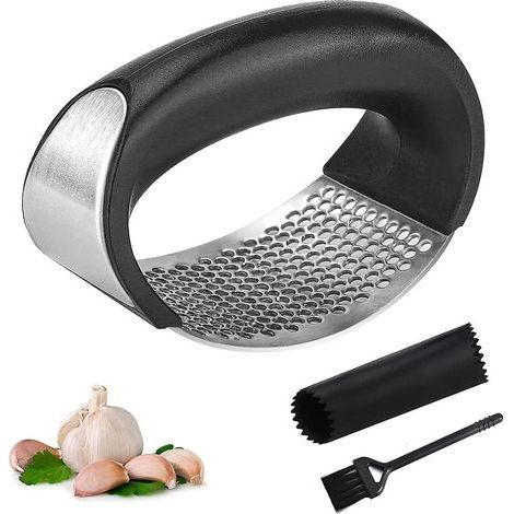 Presse-ail manuel en acier inoxydable 304 avec éplucheur silicone et brosse de nettoyage, hachoir broyeur d'ail multifonction pour cuisine (1/5)