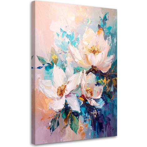 Cuadro sobre Lienzo Flores brillantes en tonos pastel con hojas turquesa 20x30 (1/5)