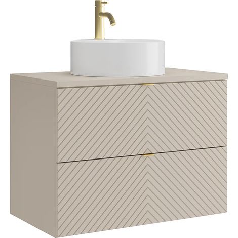 Meuble de salle de bain suspendu avec vasque à poser ronde et robinet - Beige - 80 cm - DORIONI (1/5)