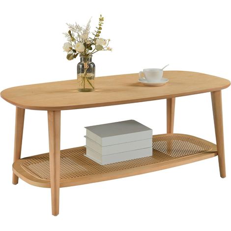 PADMA HOUSE Coffee Table with Rattan Shelf Living Room Table Small Coffee Table with Storage Space Side Table Made of Wood Modern Table Bass for Living Room Bedroom (1/5)