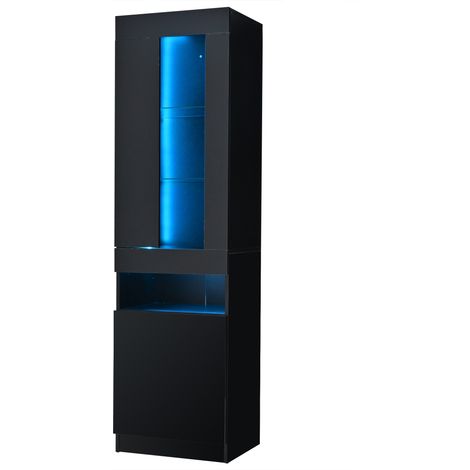 Vitrine LED noire pour salon, façade brillante, 2 étagères en verre et rangements ouverts et fermés, 50 x 40 x 180 cm (1/5)