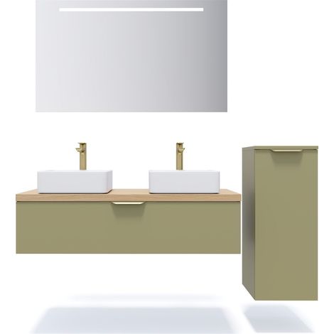 Meuble de salle de bain suspendu 2 vasques à poser 120cm 1 tiroir Vert olive + miroir + colonne ouverture droite - Venice (1/5)