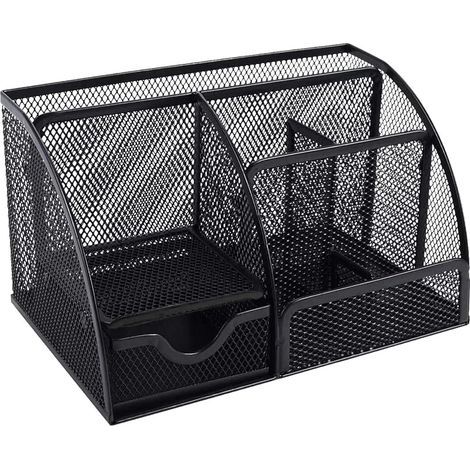 Organiseur de bureau en maille métallique noir avec tiroir et 6 compartiments (1/5)