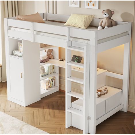 Lit mezzanine 90x200 avec bureau, armoire, étagères, LED et port USB, blanc