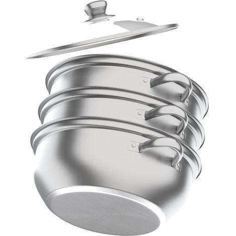 Vaporiera a 3 livelli, compatibile con piani cottura a induzione e a gas, colore argento.
