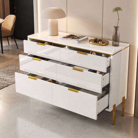 MEUBLIV Buffet de rangement 120 x 40 x 85,5 cm blanc – 6 tiroirs, façades brillantes (1/5)