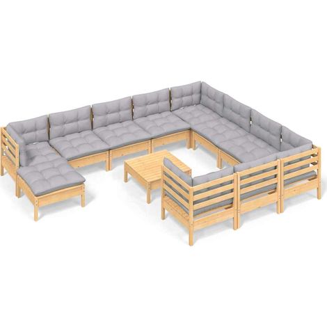 Salon de jardin 12 pcs avec coussins gris Bois de pin (1/4)