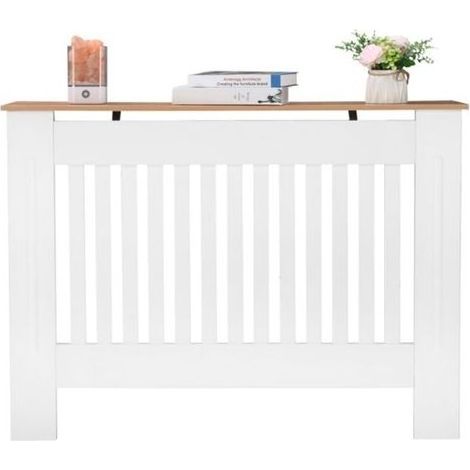 Cache-radiateur MDF blanc M – Panneau décoratif ventilé – Design traditionnel rayures verticales – Dimensions 112 x 19 x 81,5 cm (1/5)