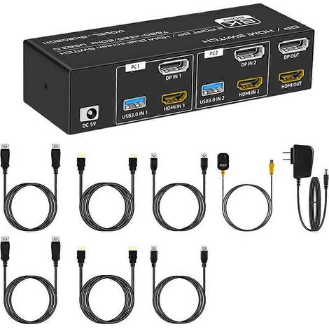 Commutateur KVM 8K 60 Hz compatible DP/HDMI USB 3.0 pour 2 écrans et 2 ordinateurs (souris, clavier, moniteur, prise US). (1/5)
