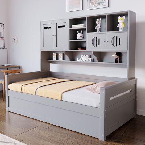 Canapé convertible en bois 90x200 cm, sommier gris avec coffre de rangement, mécanisme à vérin, couchage simple pour adolescent, lit escamotable (sans matelas)