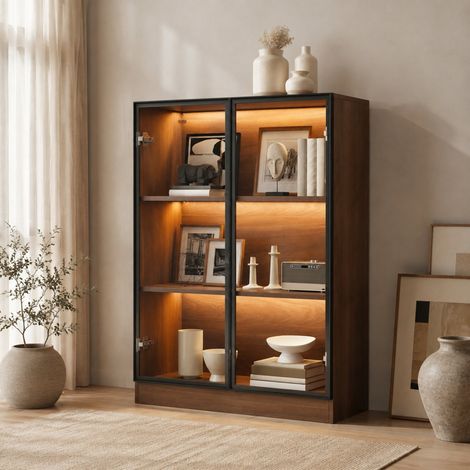 Vetrina in vetro 80x32x106 cm in legno e alluminio naturale con spazio contenitivo - FLORAGRACE (1/5)