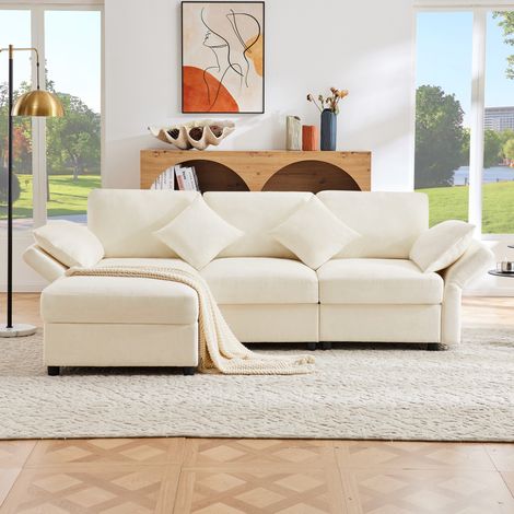 Sofá rinconera 3 plazas con otomana, 4 cojines y reposabrazos ajustables beige DESVIAE (1/5)