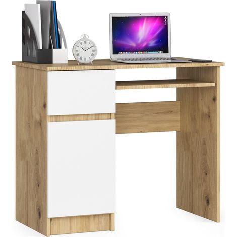 PC-Schreibtisch AKORD PIKSEL links in der Farbe Eiche Artisan Schublade Front Weiß und 3 Ablagen B90 x H77 x T50 cm