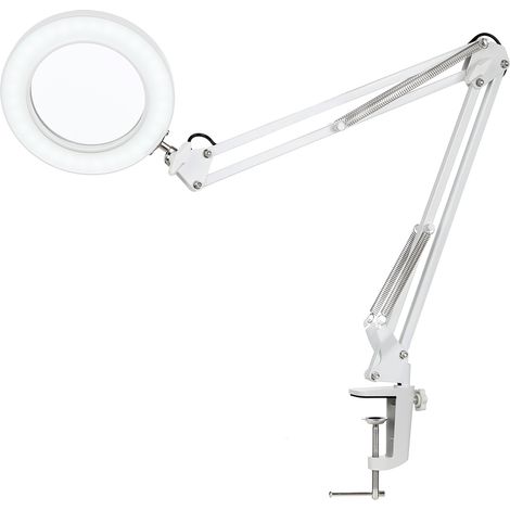 Lampe de table flexible à pince, avec loupe 8x, bras oscillant à intensité variable, lampe de bureau, lampe d'étude, Blanc (1/5)