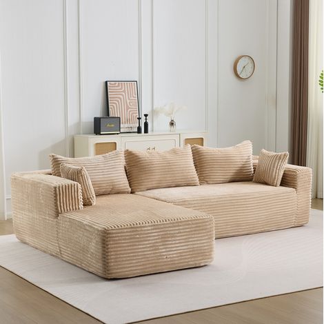 Canapé d’angle modulaire beige en velours côtelé avec méridienne réversible et assise profonde (1/5)