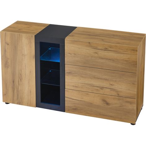 Credenza moderna 140 cm con 3 cassetti, 1 anta e vetrine in vetro, colore legno e nero (1/5)