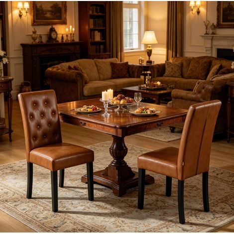 Set de 2 sillas de comedor con respaldo alto en polipiel marrón y estructura de madera (1/5)