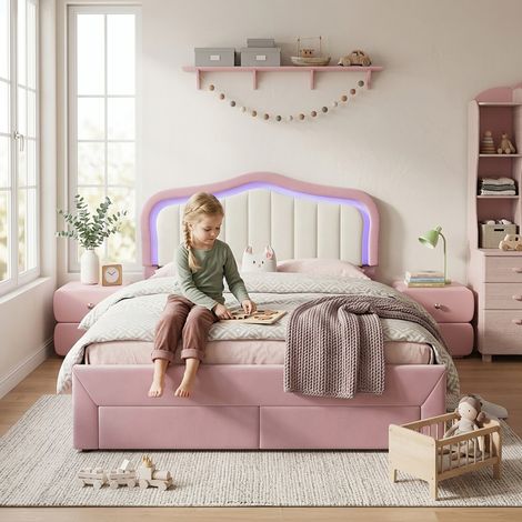 Cama infantil 140x200 cm de terciopelo rosa, 2 cajones para dormitorio, sin colchón FloraGrace (1/5)