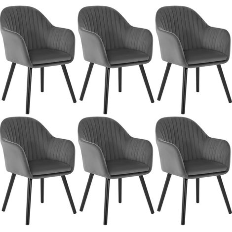 Woltu – Lot de 6 chaises de salle à manger – Assise en velours ergonomique – Dossier incurvé – Pieds en bois massif – Gris foncé