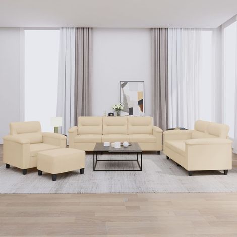 4-tlg. Sofagarnitur mit Kissen Creme Mikrofasergewebe