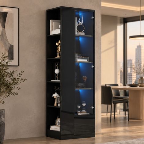 Vitrine 50x35x160 cm en panneaux de particules et verre noire, LED pour salon – MEUBLIV (1/5)