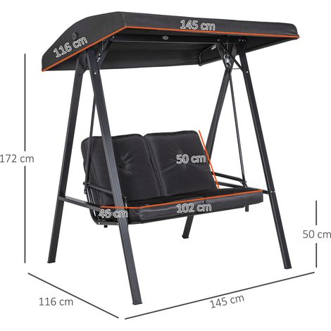 Balançoire Hollywood 2 places avec auvent réglable, coussins, supportant jusqu'à 220 kg, pour jardin ou balcon, noire, 145 x 116 x 172 cm (1/5)